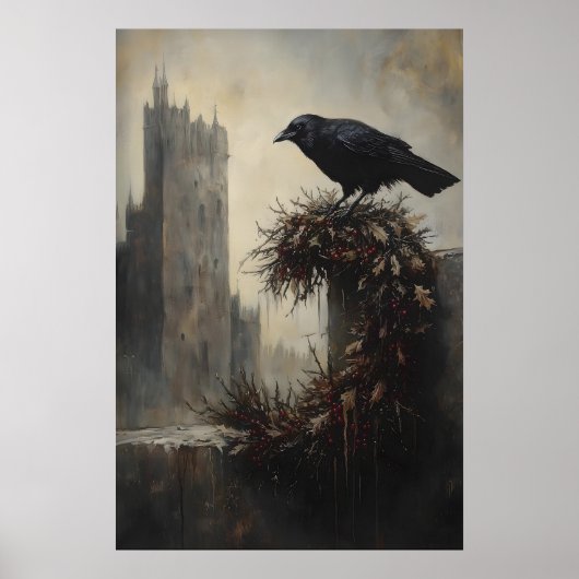 Gothic Winter Raven Crow Xmas Wreath Art ポスター (正面)
