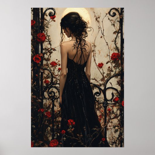 Gothic Woman in Black Dress Among Red Roses ポスター (正面)