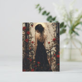 Gothic Woman in Black Dress Among Red Roses ポストカード (スタンド正面)