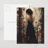 Gothic Woman in Black Dress Among Red Roses ポストカード (正面/裏面)