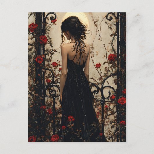 Gothic Woman in Black Dress Among Red Roses ポストカード (正面)