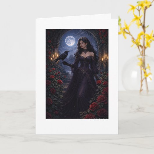 Gothic Woman in Roses Under Moonlight カード (黄色い花)