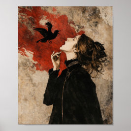 Gothic Woman with Raven Dark Fantasy Wall Art ポスター