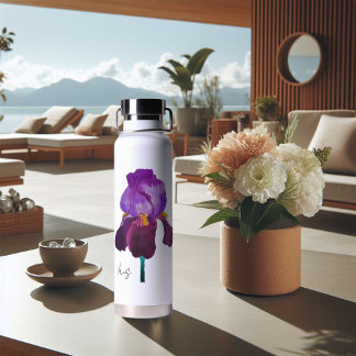 Gourde bouteille fleur iris violet aquarelle ウォーターボトル