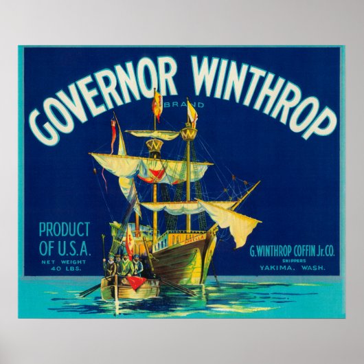 Governor Winthrop Apple Label (青) - Yakima, W ポスター (正面)