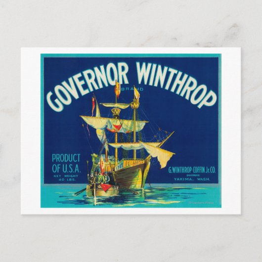 Governor Winthrop Apple Label (青) - Yakima, W ポストカード (正面)