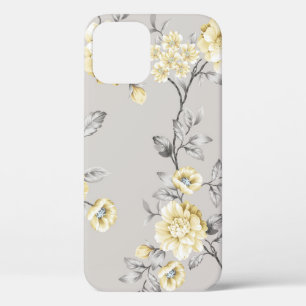 grの上に灰色のの模様葉があるかわいい黄色の花 iPhone 12ケース