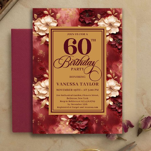 Graceful 60 Birthday Merlot Blush Gold Invitation 招待状