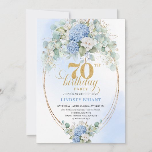 Graceful 70th Birthday Blue Hydrangea Gold Invite 招待状 (正面)