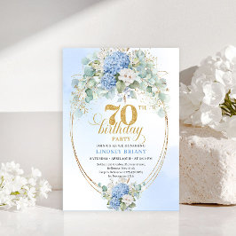 Graceful 70th Birthday Blue Hydrangea Gold Invite 招待状