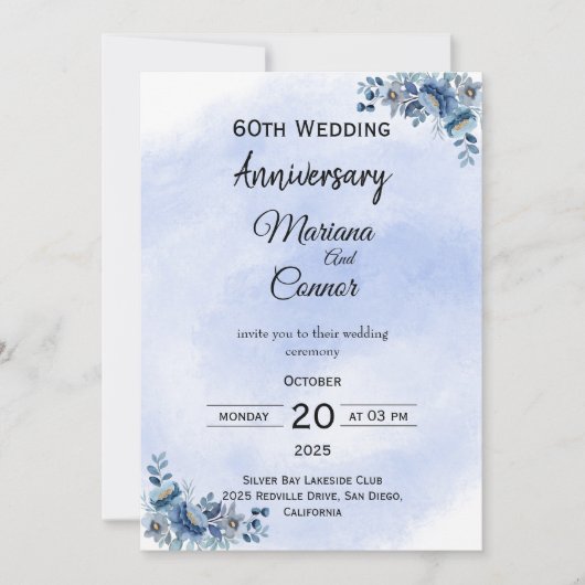 Graceful Blue Floral Wedding Anniversary Invitatio 招待状 (正面)