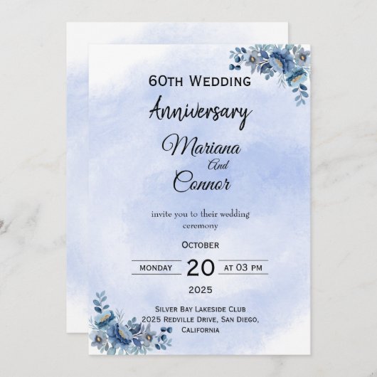 Graceful Blue Floral Wedding Anniversary Invitatio 招待状 (正面/裏面)