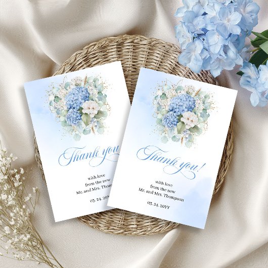 Graceful Blue Flowers Eucalyptus Wedding thank you サンキューカード