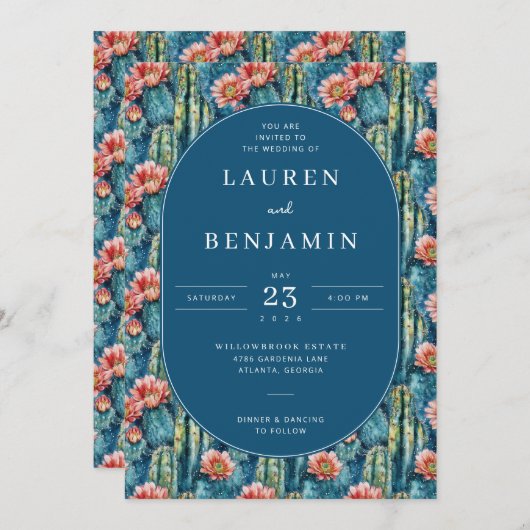 Graceful Blue Watercolor Cactus Pattern 招待状 (正面/裏面)