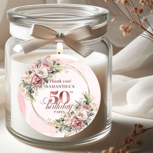 Graceful Blush Floral Greenery 50th Birthday Label ラウンドシール