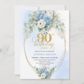 Graceful Bohemian Blue Floral 90th Birthday Invite 招待状 (正面)