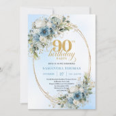 Graceful Bohemian Blue White Floral 90th Birthday 招待状 (正面)