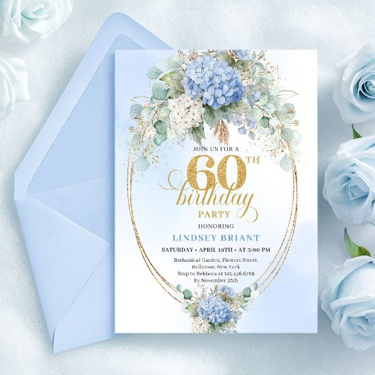 Graceful Bohemian Soft Blue Gold 60th Birthday 招待状