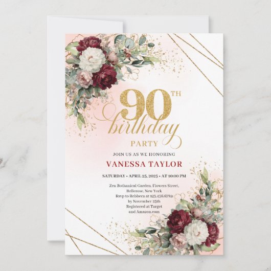 Graceful Boho Burgundy Peonies Gold 90th Birthday 招待状 (正面)