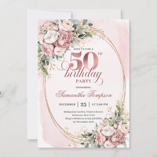 Graceful Botanical Rose Gold 50th Birthday Invite 招待状 (正面)