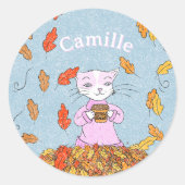 Graceful Cat Fall Kid Sticker with Name ラウンドシール (正面)