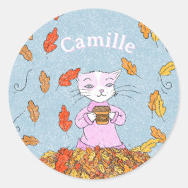 Graceful Cat Fall Kid Sticker with Name ラウンドシール