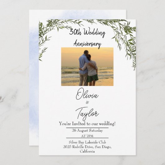 Graceful Classic Greenery Wedding Anniversary  招待状 (正面/裏面)