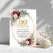 Graceful Deep Red Floral Gold 90th Birthday Invite 招待状