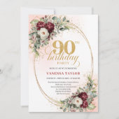 Graceful Deep Red Floral Gold 90th Birthday Invite 招待状 (正面)