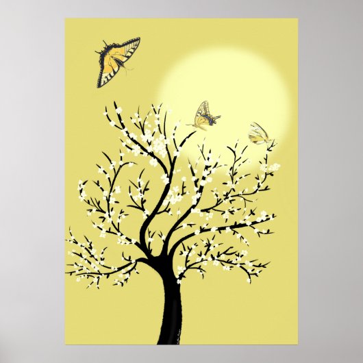 Graceful dreamy sunlit tree with butterflies  ポスター (正面)