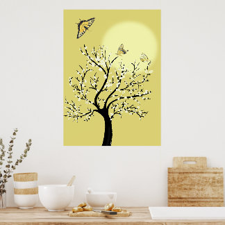 Graceful dreamy sunlit tree with butterflies ポスター