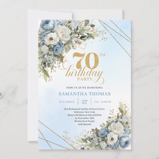 Graceful dusty blue eucalyptus gold 70th birthday  招待状 (正面)