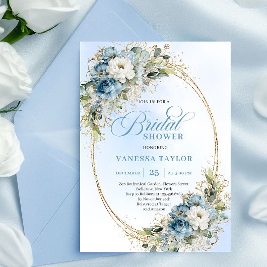 Graceful Dusty Blue Floral Eucalyptus Bridal Showe 招待状