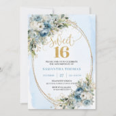 Graceful Dusty Blue Floral Sweet Sixteen Invites 招待状 (正面)