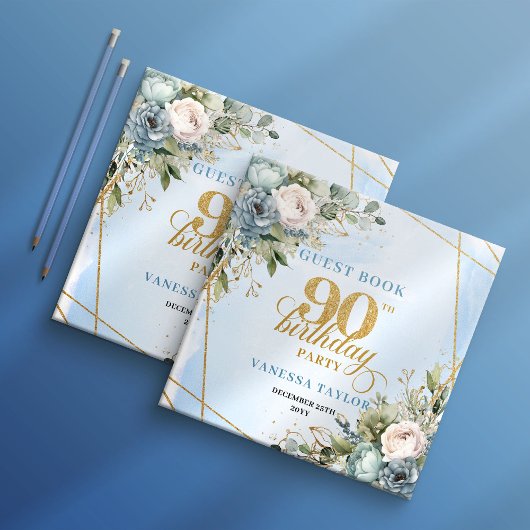 Graceful Dusty Blue Gold 90th Birthday Guest Book ゲストブック