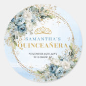 Graceful Dusty Blue Gold Greenery Quinceañera  ラウンドシール (正面)
