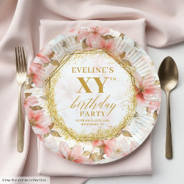Graceful Dusty Pink Floral Birthday Paper Plates ペーパープレート