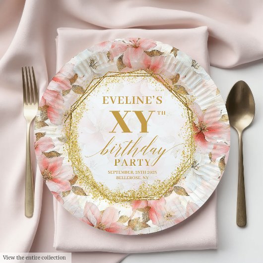 Graceful Dusty Pink Floral Birthday Paper Plates ペーパープレート