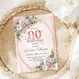 Graceful Dusty Pink Gold Floral 90th Birthday   招待状