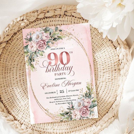 Graceful Dusty Pink Gold Floral 90th Birthday 招待状