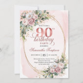 Graceful Dusty Pink Gold Floral 90th Birthday 招待状 (正面)