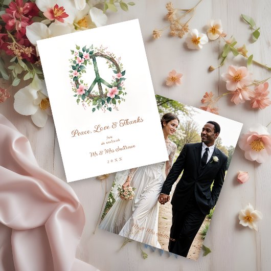 Graceful Floral Wood Peace Symbol Photo Wedding サンキューカード