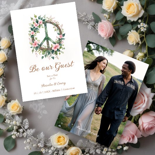 Graceful Floral Wood Peace Symbol Photo Wedding セーブザデート