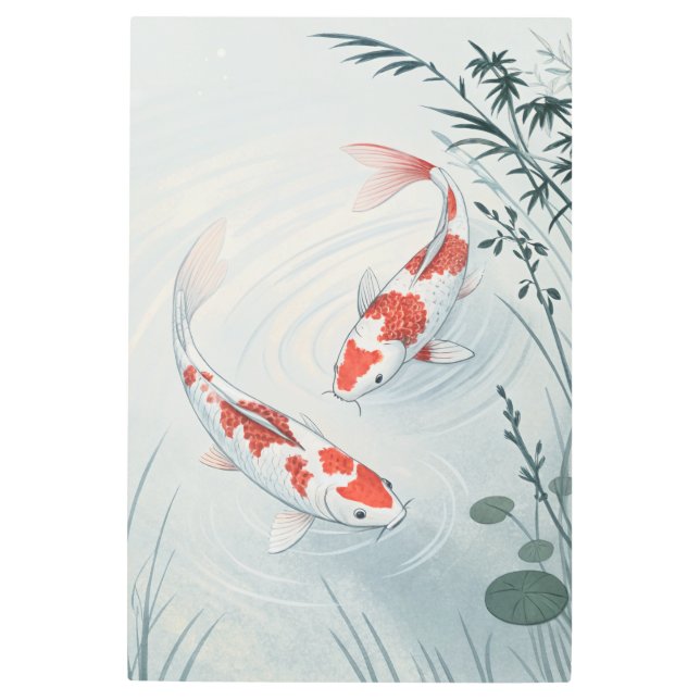 "Graceful Koi: Serene Water Garden Illustration メタルプリント (正面)
