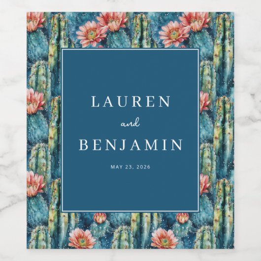 Graceful Navy Cactus Pattern ワインラベル (シングルラベル)