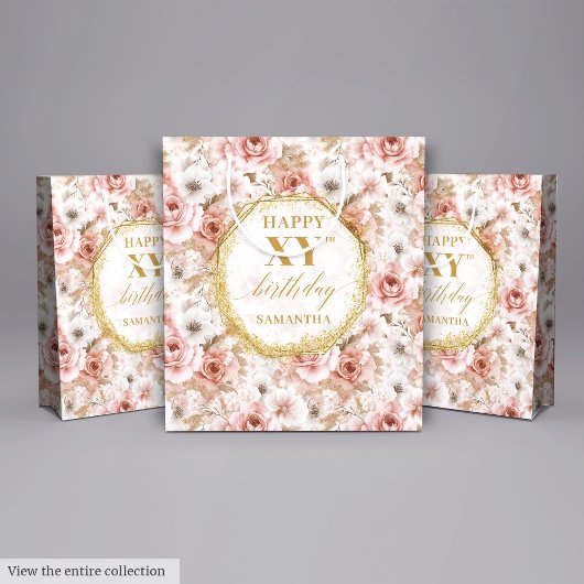 Graceful Pastel Pink Rustic Gold Birthday Gift Bag ミディアムペーパーバッグ