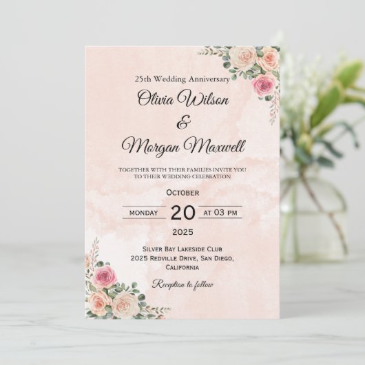 Graceful Pink Cream Floral Wedding Anniversary  招待状 (スタンド正面)