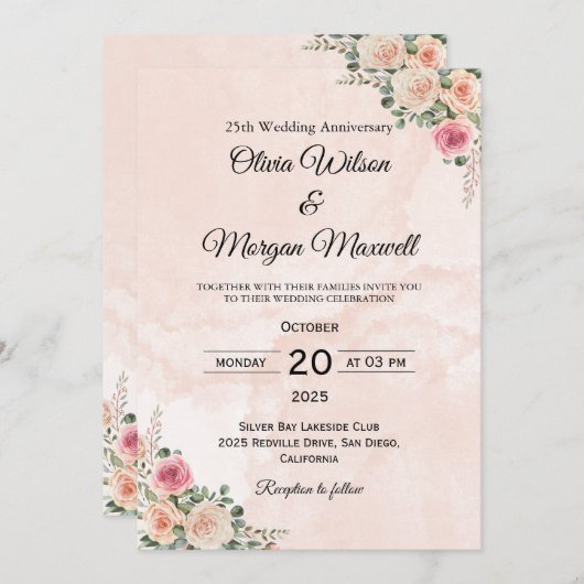 Graceful Pink Cream Floral Wedding Anniversary  招待状 (正面/裏面)