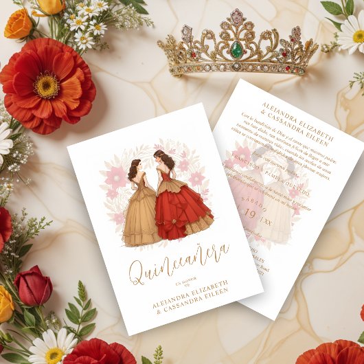Graceful Romantic Spanish Quinceañera Twins  招待状