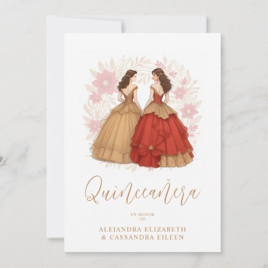 Graceful Romantic Spanish Quinceañera Twins  招待状 (正面)